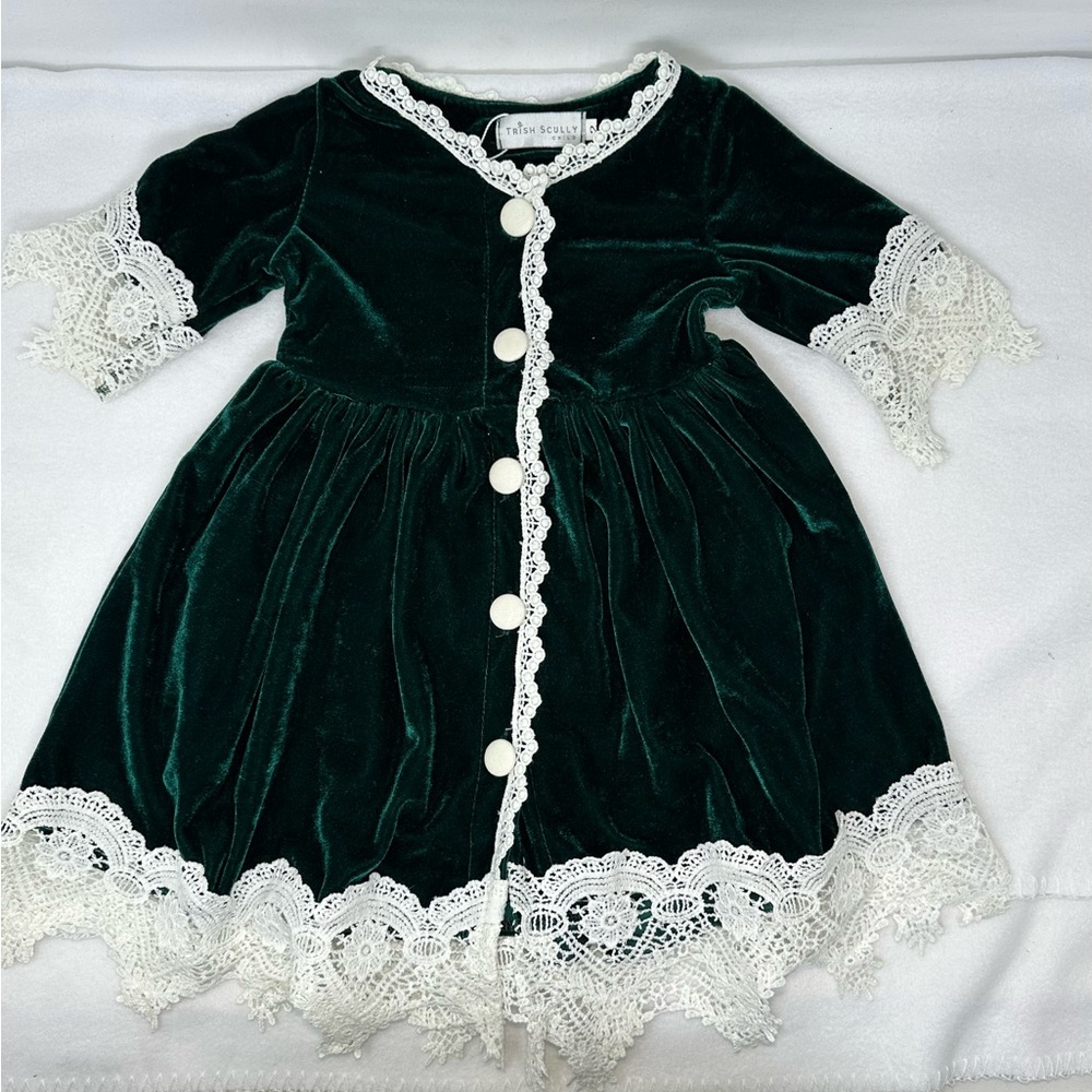 Trish Scully Child Emerald Velvet Lace Trim Dress Size 2
